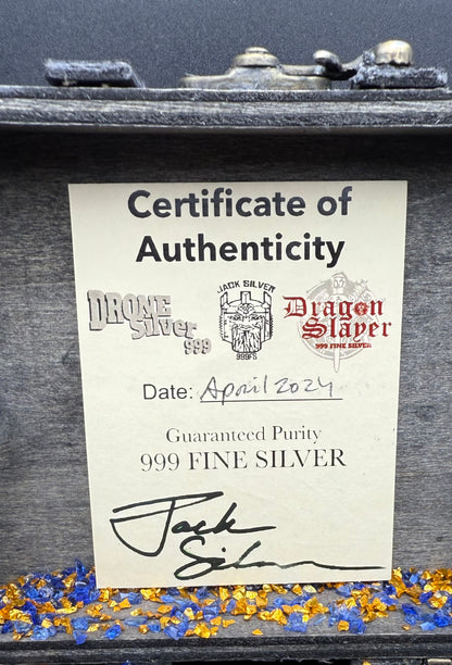 'Dragon Slayer' Hand Crafted by Drone Silver 26 Grams .999 Fine Silver Round Antique Finish Includes Wood Treasure Chest, Capsule & COA (1 of 20)