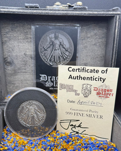 'Dragon Slayer' Hand Crafted by Drone Silver 26 Grams .999 Fine Silver Round Antique Finish Includes Wood Treasure Chest, Capsule & COA (1 of 20)