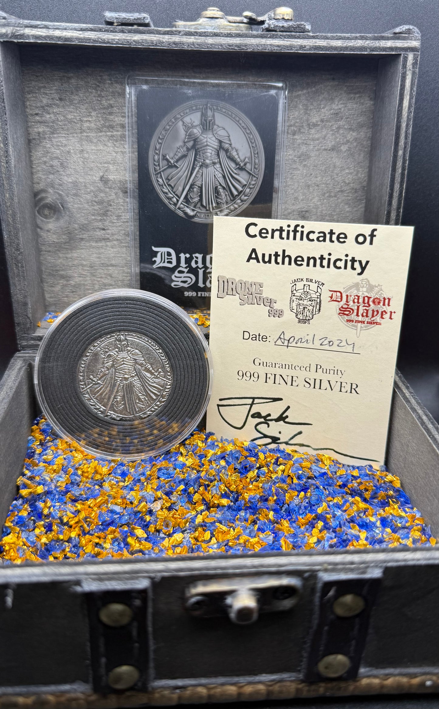 'Dragon Slayer' Hand Crafted by Drone Silver 26 Grams .999 Fine Silver Round Antique Finish Includes Wood Treasure Chest, Capsule & COA (1 of 20)