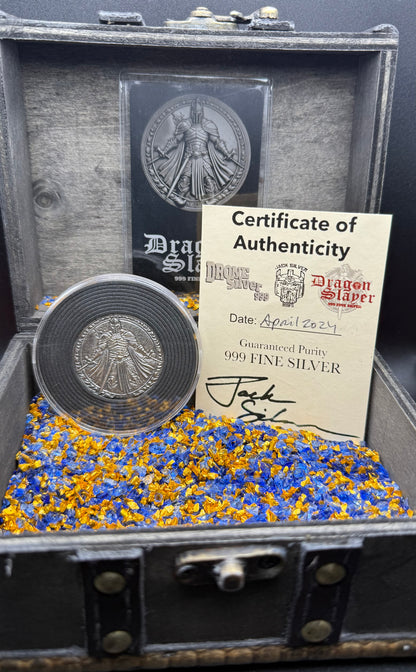'Dragon Slayer' Hand Crafted by Drone Silver 26 Grams .999 Fine Silver Round Antique Finish Includes Wood Treasure Chest, Capsule & COA (1 of 20)