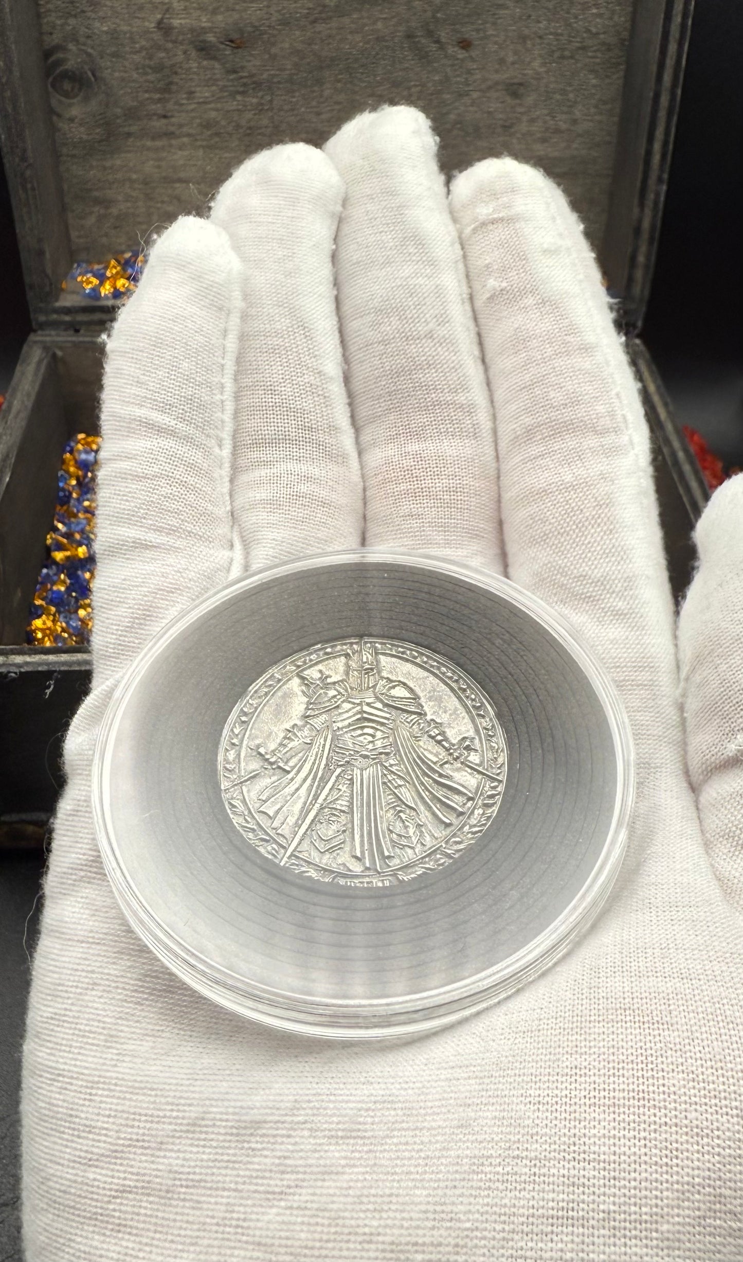 'Dragon Slayer' Hand Crafted by Drone Silver 26 Grams .999 Fine Silver Round Antique Finish Includes Wood Treasure Chest, Capsule & COA (1 of 20)