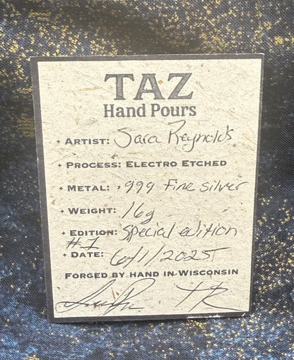 Monster - Electro Etched Art Hand Crafted by Taz Hand Pours Artist Sara Reynolds - Only 1 Ever Made - 16 gram .999 Fine Silver Round Satin Finish Includes Wood Treasure Chest, Capsule & COA