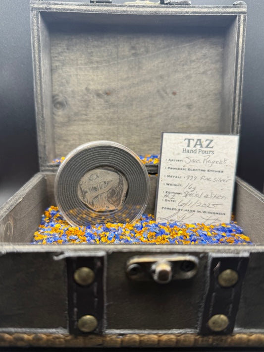 Monster - Electro Etched Art Hand Crafted by Taz Hand Pours Artist Sara Reynolds - Only 1 Ever Made - 16 gram .999 Fine Silver Round Satin Finish Includes Wood Treasure Chest, Capsule & COA