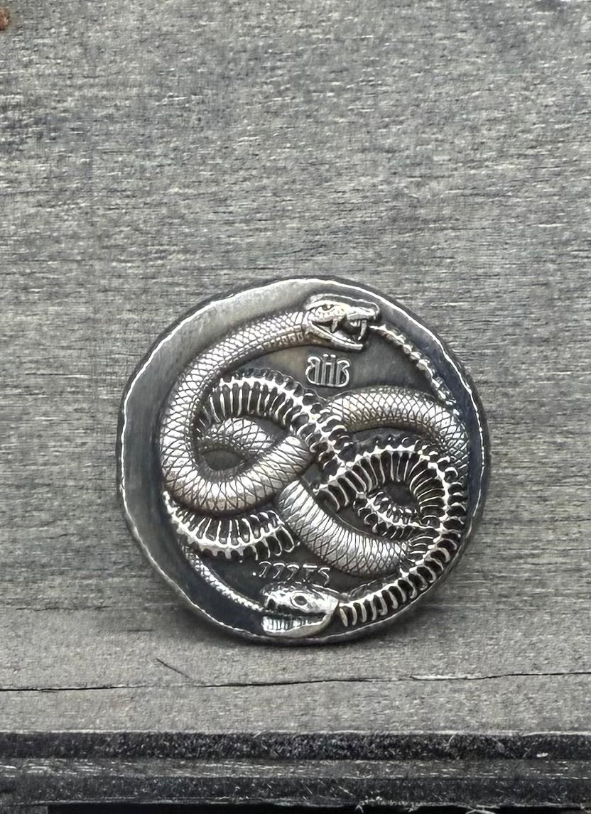 Snake Cycle of Life - Hand Crafted by Black Hand Bullion 1 oz .999 Fine Silver Round Antique Finish Includes Wood Treasure Chest, Capsule & COA Limited Edition