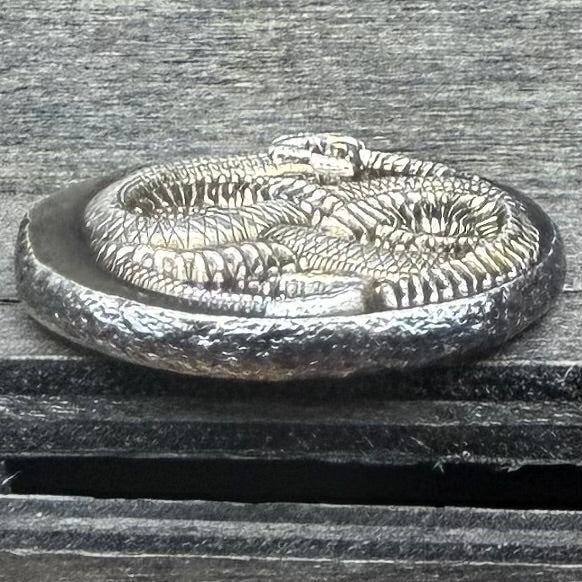 Snake Cycle of Life - Hand Crafted by Black Hand Bullion 1 oz .999 Fine Silver Round Antique Finish Includes Wood Treasure Chest, Capsule & COA Limited Edition
