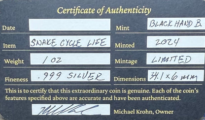 Snake Cycle of Life - Hand Crafted by Black Hand Bullion 1 oz .999 Fine Silver Round Antique Finish Includes Wood Treasure Chest, Capsule & COA Limited Edition