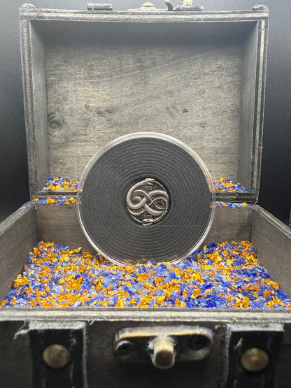 Snake Cycle of Life - Hand Crafted by Black Hand Bullion 1 oz .999 Fine Silver Round Antique Finish Includes Wood Treasure Chest, Capsule & COA Limited Edition