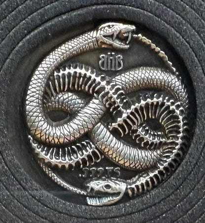 Snake Cycle of Life - Hand Crafted by Black Hand Bullion 1 oz .999 Fine Silver Round Antique Finish Includes Wood Treasure Chest, Capsule & COA Limited Edition