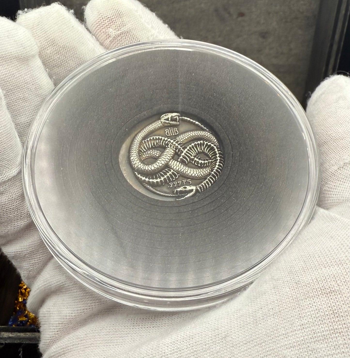 Snake Cycle of Life - Hand Crafted by Black Hand Bullion 1 oz .999 Fine Silver Round Antique Finish Includes Wood Treasure Chest, Capsule & COA Limited Edition