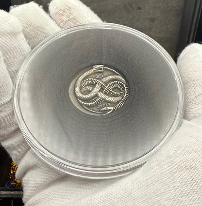 Snake Cycle of Life - Hand Crafted by Black Hand Bullion 1 oz .999 Fine Silver Round Antique Finish Includes Wood Treasure Chest, Capsule & COA Limited Edition