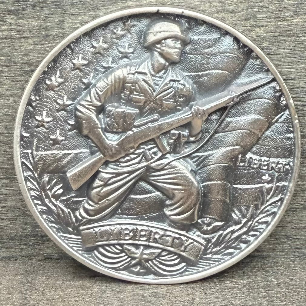 'Defender of Liberty' Hand Crafted by Reckless Metals 1.4 oz .999 Fine Silver Round Antique Finish Includes Wood Treasure Chest, Capsule & COA Mint Condition Limited Edition 1 of 61