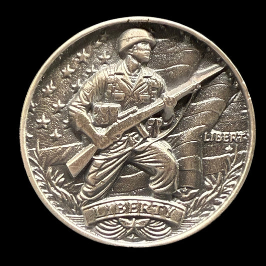 'Defender of Liberty' Hand Crafted by Reckless Metals 1.4 oz .999 Fine Silver Round Antique Finish Includes Wood Treasure Chest, Capsule & COA Mint Condition Limited Edition 1 of 61