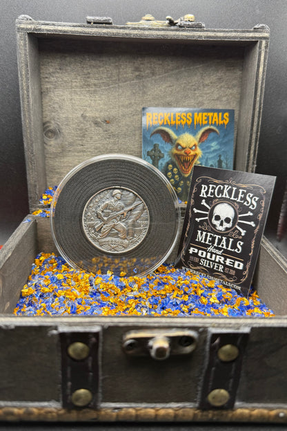 'Defender of Liberty' Hand Crafted by Reckless Metals 1.4 oz .999 Fine Silver Round Antique Finish Includes Wood Treasure Chest, Capsule & COA Mint Condition Limited Edition 1 of 61