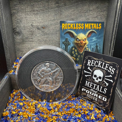 'Defender of Liberty' Hand Crafted by Reckless Metals 1.4 oz .999 Fine Silver Round Antique Finish Includes Wood Treasure Chest, Capsule & COA Mint Condition Limited Edition 1 of 61