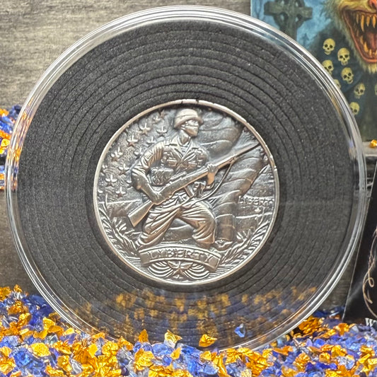 'Defender of Liberty' Hand Crafted by Reckless Metals 1.4 oz .999 Fine Silver Round Antique Finish Includes Wood Treasure Chest, Capsule & COA Mint Condition Limited Edition 1 of 61