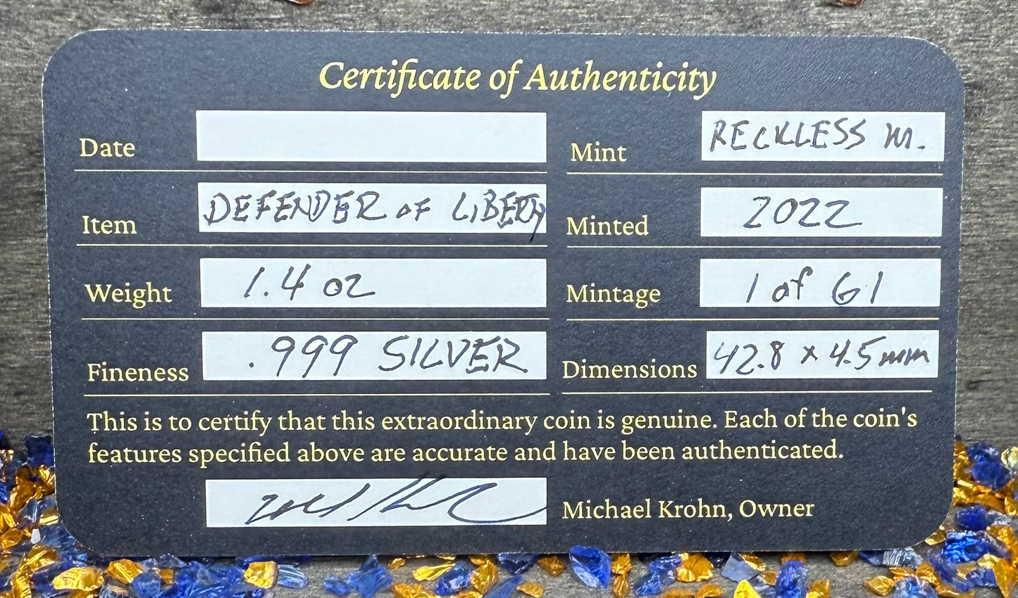 'Defender of Liberty' Hand Crafted by Reckless Metals 1.4 oz .999 Fine Silver Round Antique Finish Includes Wood Treasure Chest, Capsule & COA Mint Condition Limited Edition 1 of 61