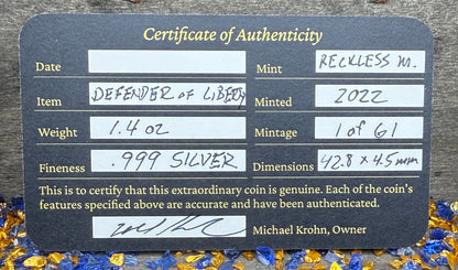 'Defender of Liberty' Hand Crafted by Reckless Metals 1.4 oz .999 Fine Silver Round Antique Finish Includes Wood Treasure Chest, Capsule & COA Mint Condition Limited Edition 1 of 61