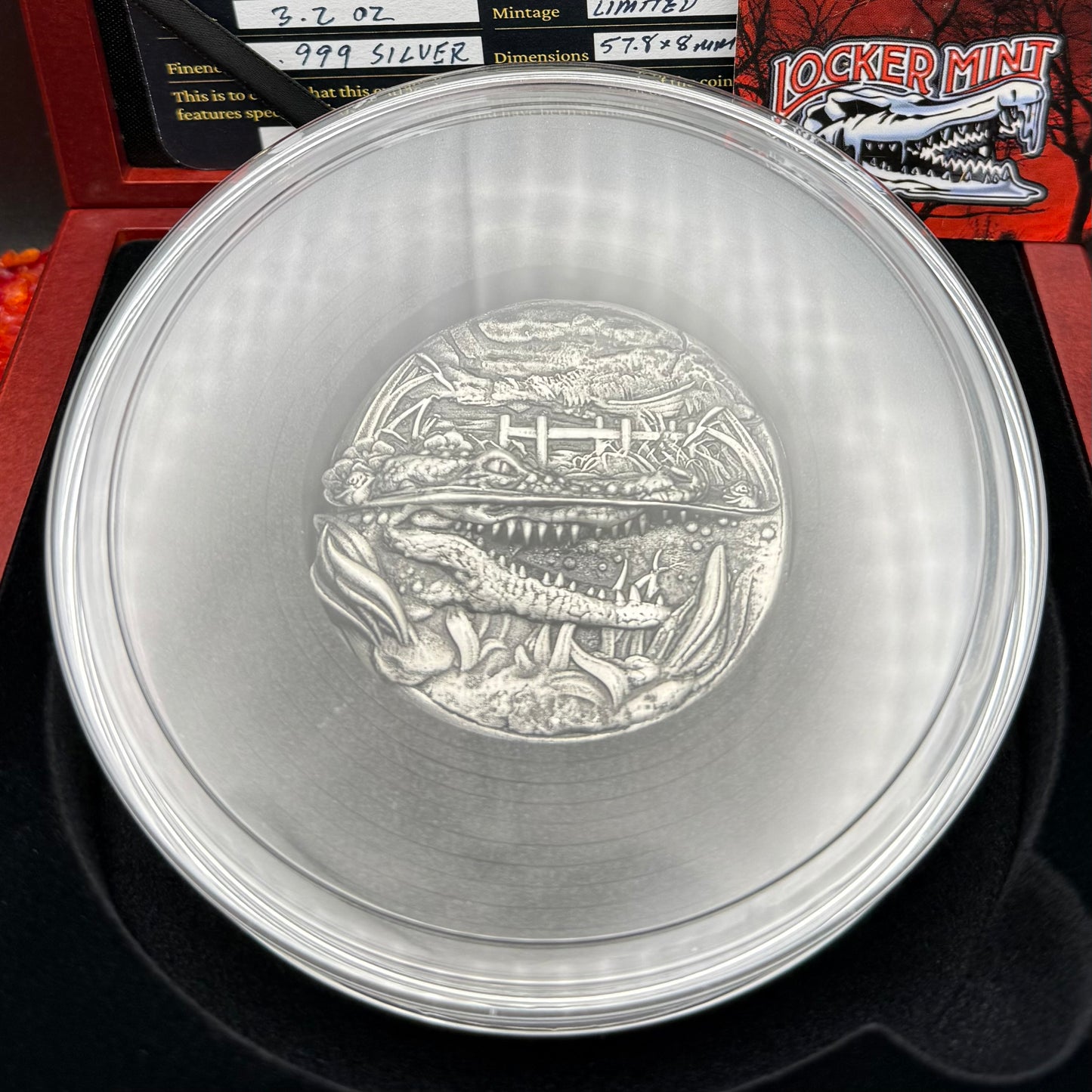 'Louisiana Nights' Hand Crafted by Locker Mint 3.2 oz .999 Fine Silver Round Antique Finish Includes Wood Display Case, Capsule & COA Mint Condition Limited Edition