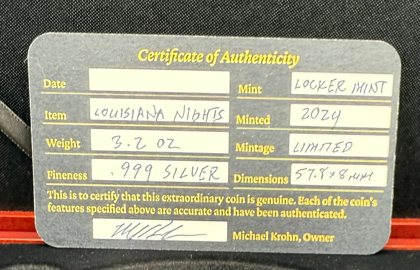'Louisiana Nights' Hand Crafted by Locker Mint 3.2 oz .999 Fine Silver Round Antique Finish Includes Wood Display Case, Capsule & COA Mint Condition Limited Edition