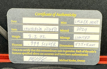 'Louisiana Nights' Hand Crafted by Locker Mint 3.2 oz .999 Fine Silver Round Antique Finish Includes Wood Display Case, Capsule & COA Mint Condition Limited Edition