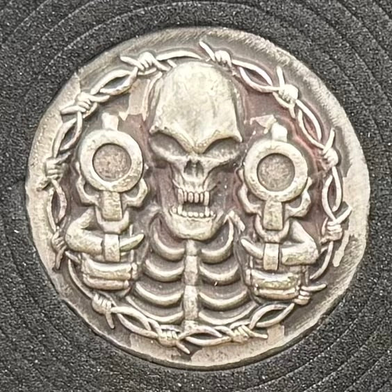 'Brought a Knife to a Gun Fight' Hand Crafted by Mutiny Metals 1 oz .999 Fine Silver Round Antique Finish Includes Wood Treasure Chest, Capsule & COA Limited Edition