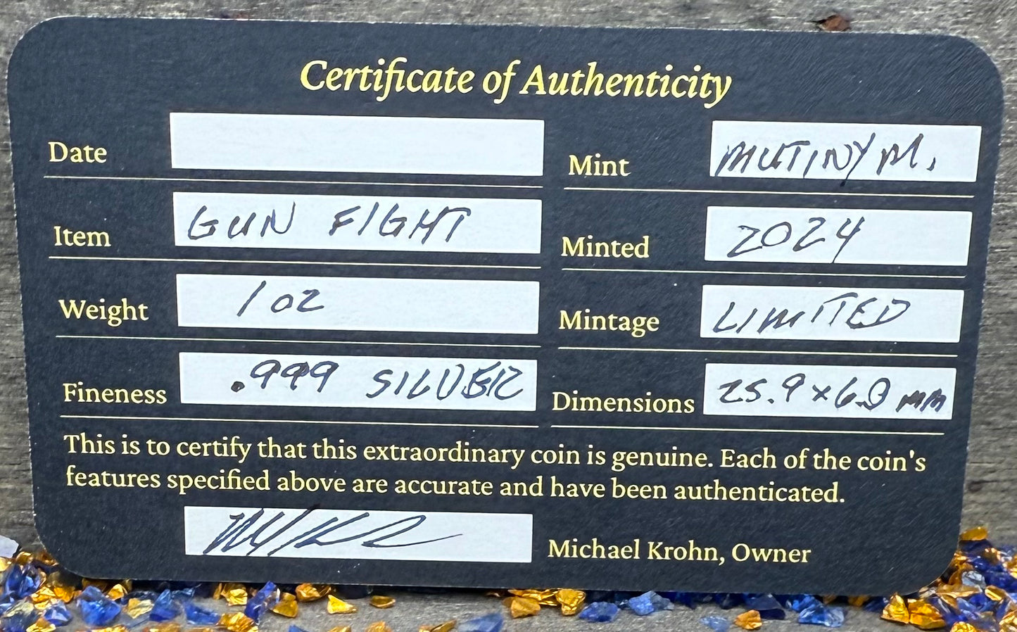 'Brought a Knife to a Gun Fight' Hand Crafted by Mutiny Metals 1 oz .999 Fine Silver Round Antique Finish Includes Wood Treasure Chest, Capsule & COA Limited Edition