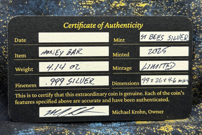 'Honey Bar' 4.14 oz .999 Fine Silver Bar, Hand Crafted by St Bee's in England, Shiny Finish, Includes Wood Treasure Chest, COA, Mint Condition, Limited Edition