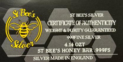 'Honey Bar' 4.14 oz .999 Fine Silver Bar, Hand Crafted by St Bee's in England, Shiny Finish, Includes Wood Treasure Chest, COA, Mint Condition, Limited Edition