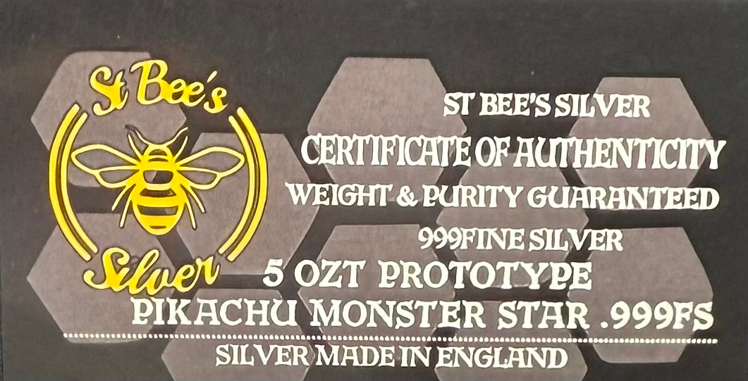 Pokémon 'Monster Pikachu Star' 5 oz .999 Fine Silver Star Hand Crafted by St Bee's in England, Shiny Finish, Includes Wood Display Box, Capsule, COA, Mint Condition (Prototype 1 of 1)