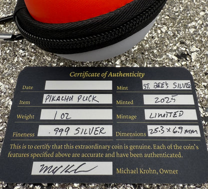 Pokémon 'Pikachu' 1 oz .999 Pure Silver Round Hand Crafted by St Bee's in England, Satin Finish, Includes Poké Ball & COA, Mint Condition Limited Edition