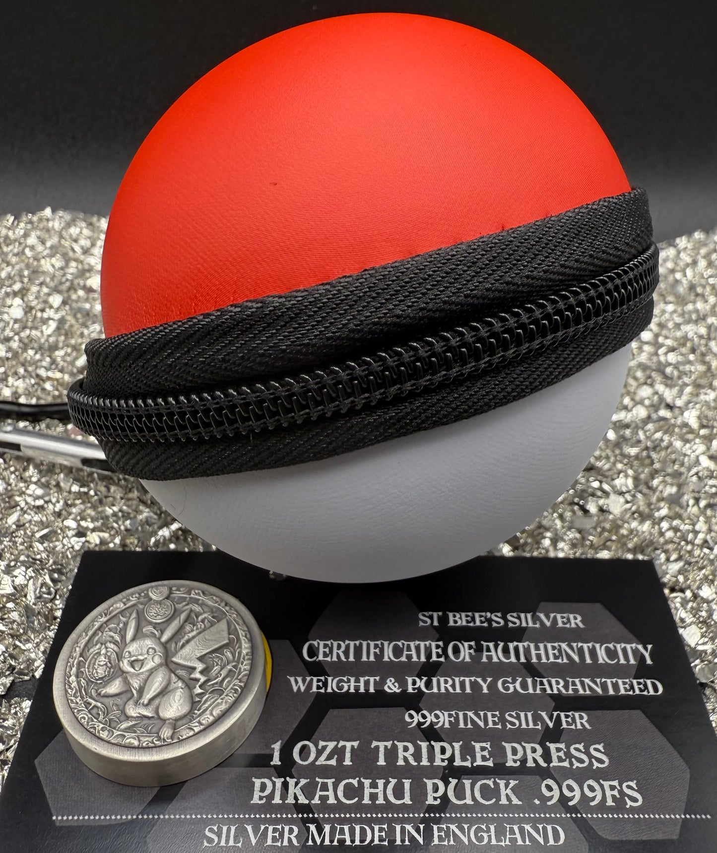 Pokémon 'Pikachu' 1 oz .999 Pure Silver Round Hand Crafted by St Bee's in England, Satin Finish, Includes Poké Ball & COA, Mint Condition Limited Edition