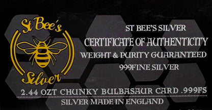 Pokémon Bulbasaur 2.44 oz .999 Pure Silver Trading Card Hand Crafted by St Bee's in England, Satin Finish, Includes Poké Ball & COA, Mint Condition Limited Edition