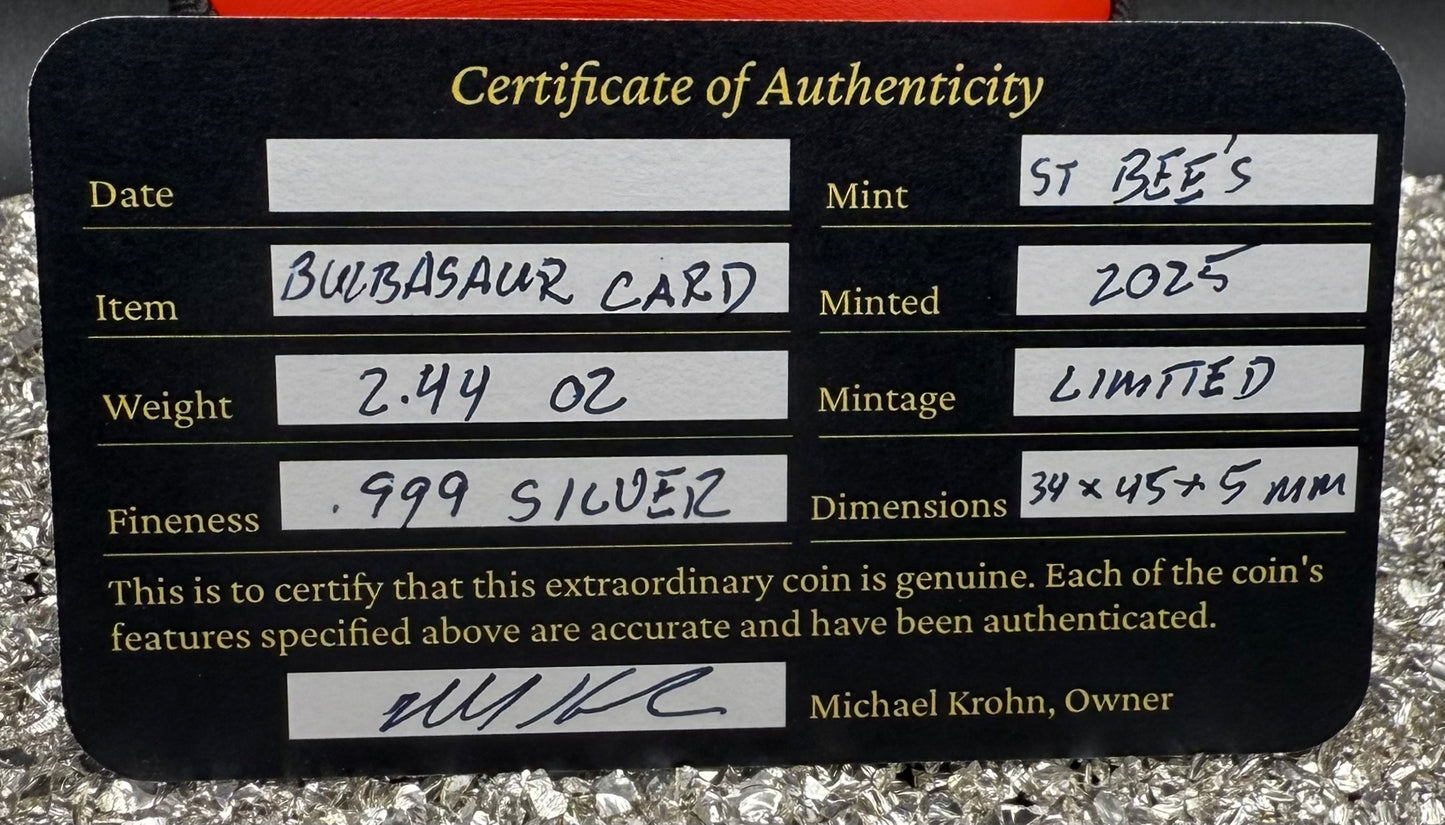 Pokémon Bulbasaur 2.44 oz .999 Pure Silver Trading Card Hand Crafted by St Bee's in England, Satin Finish, Includes Poké Ball & COA, Mint Condition Limited Edition