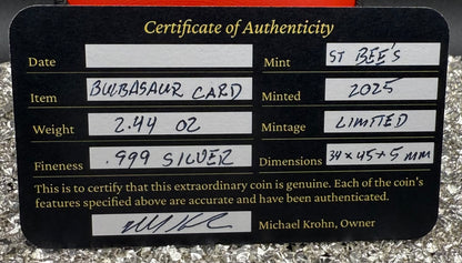 Pokémon Bulbasaur 2.44 oz .999 Pure Silver Trading Card Hand Crafted by St Bee's in England, Satin Finish, Includes Poké Ball & COA, Mint Condition Limited Edition