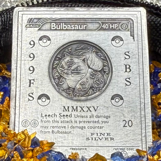 Pokémon Bulbasaur 2.44 oz .999 Pure Silver Trading Card Hand Crafted by St Bee's in England, Satin Finish, Includes Poké Ball & COA, Mint Condition Limited Edition