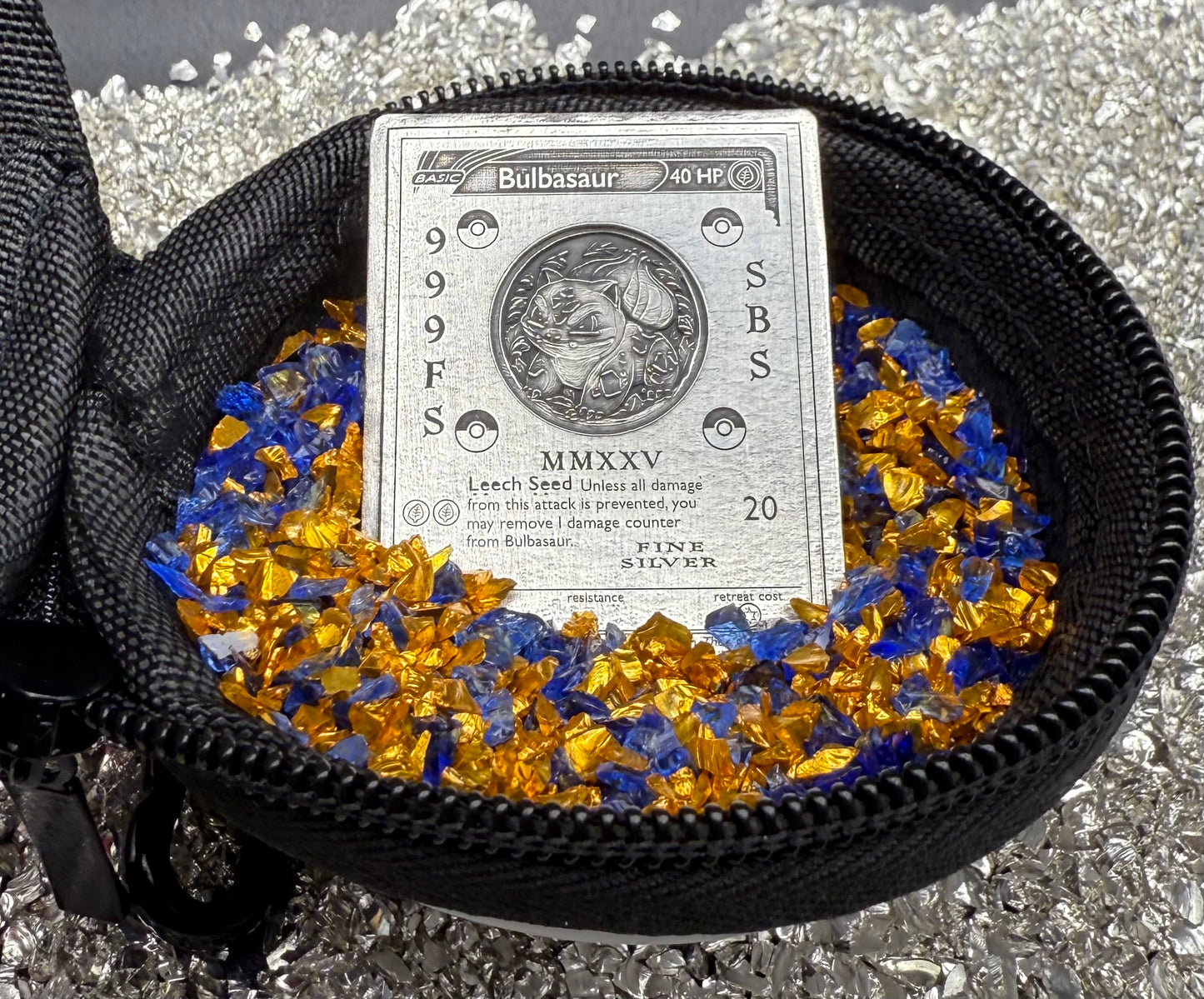 Pokémon Bulbasaur 2.44 oz .999 Pure Silver Trading Card Hand Crafted by St Bee's in England, Satin Finish, Includes Poké Ball & COA, Mint Condition Limited Edition