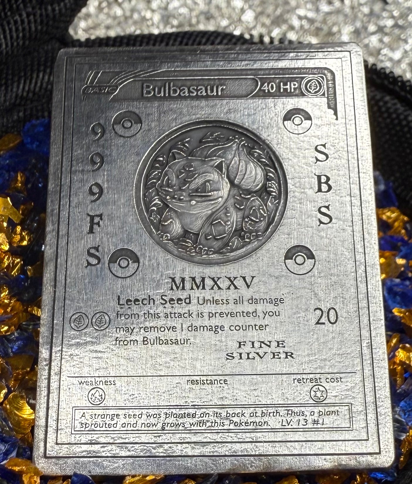 Pokémon Bulbasaur 2.44 oz .999 Pure Silver Trading Card Hand Crafted by St Bee's in England, Satin Finish, Includes Poké Ball & COA, Mint Condition Limited Edition