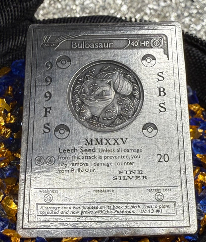 Pokémon Bulbasaur 2.44 oz .999 Pure Silver Trading Card Hand Crafted by St Bee's in England, Satin Finish, Includes Poké Ball & COA, Mint Condition Limited Edition