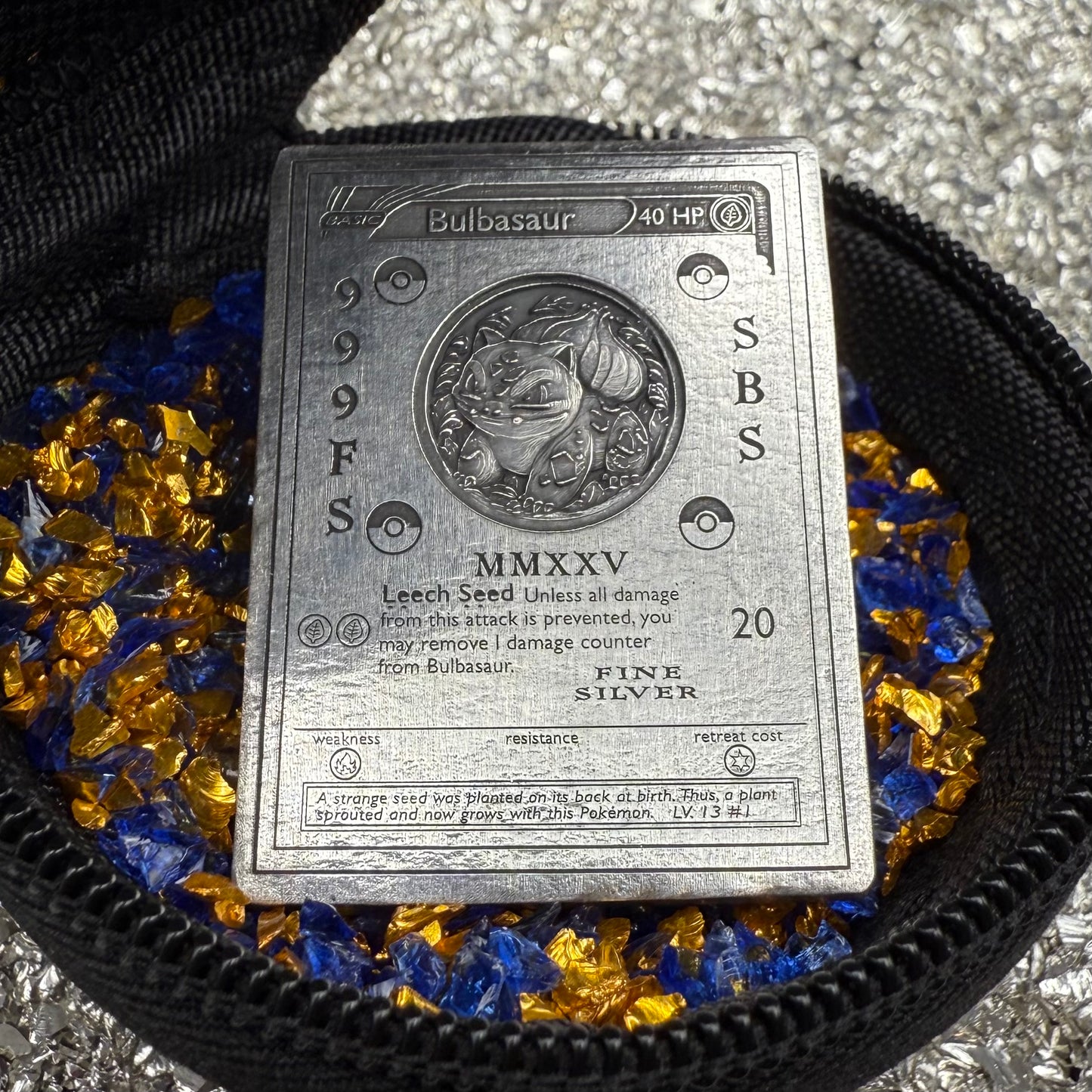 Pokémon Bulbasaur 2.44 oz .999 Pure Silver Trading Card Hand Crafted by St Bee's in England, Satin Finish, Includes Poké Ball & COA, Mint Condition Limited Edition