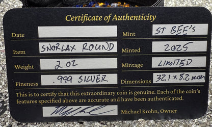 Pokémon 'Snorlax' 2 oz .999 Pure Silver Round Hand Crafted by St Bee's in England, Satin Finish, Includes Poké Ball & COA, Mint Condition, Limited Edition