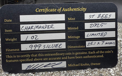 Pokémon 'Charmander' 1 oz .999 Pure Silver Round Hand Crafted by St Bee's in England, Frosted Finish, Includes Poké Ball & COA, Mint Condition Limited Edition