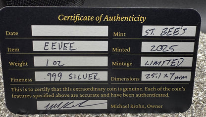 Pokémon ' Eevee' 1 oz .999 Pure Silver Round Hand Crafted by St Bee's in England, Satin Finish, Includes Poké Ball & COA, Mint Condition Limited Edition