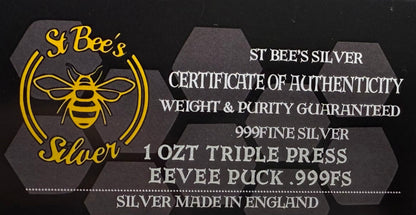 Pokémon ' Eevee' 1 oz .999 Pure Silver Round Hand Crafted by St Bee's in England, Satin Finish, Includes Poké Ball & COA, Mint Condition Limited Edition