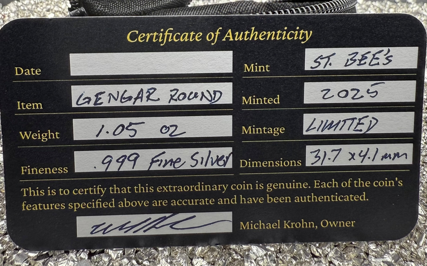 Pokémon ' Gengar' 1.05 oz .999 Pure Silver Round Hand Crafted by St Bee's in England, Satin Finish, Includes Poké Ball & COA, Mint Condition Limited Edition