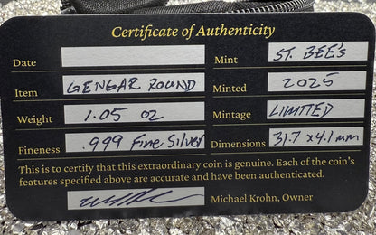 Pokémon ' Gengar' 1.05 oz .999 Pure Silver Round Hand Crafted by St Bee's in England, Satin Finish, Includes Poké Ball & COA, Mint Condition Limited Edition