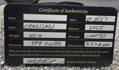 Pokémon 'Charizard' 1.25 oz .999 Pure Silver Round Hand Crafted by St Bee's in England, Shiny Finish, Includes Poké Ball & COA, Mint Condition Limited Edition