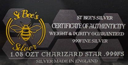 Pokémon 'Charizard Star' 1.08 oz .999 Fine Silver Star Hand Crafted by St Bee's in England, Shiny Finish, Includes Poké Ball & COA, Mint Condition, Limited Edition