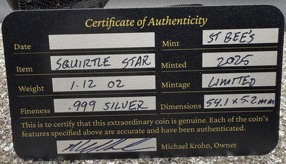 Pokémon 'Squirtle Star' 1.12 oz .999 Fine Silver Star Hand Crafted by St Bee's in England, Shiny Finish, Includes Poké Ball & COA, Mint Condition, Limited Edition