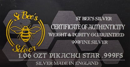 Pokémon 'Pikachu Star' 1.06 oz .999 Fine Silver Star Hand Crafted by St Bee's in England, Shiny Finish, Includes Poké Ball & COA, Mint Condition, Limited Edition