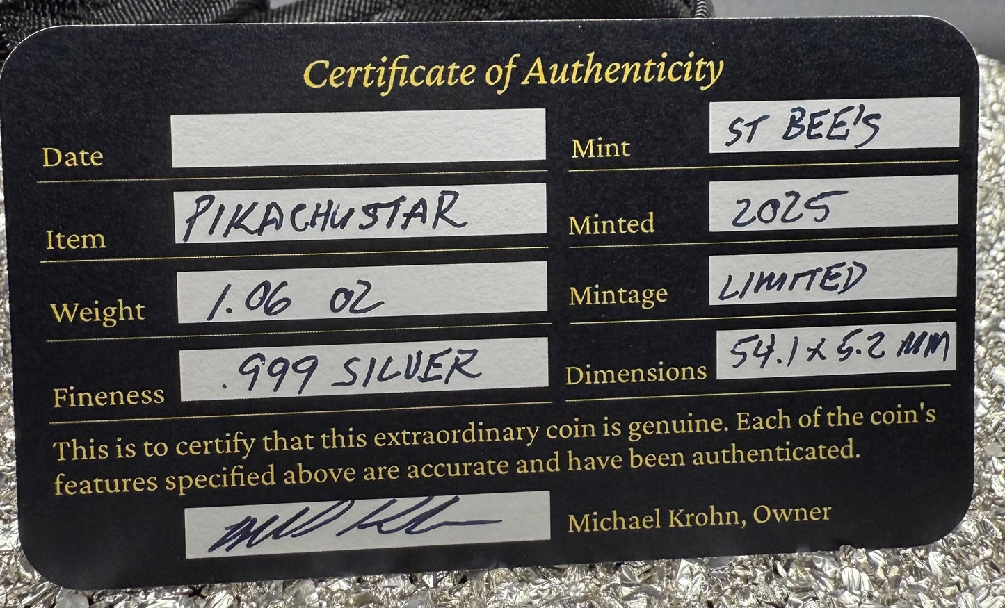 Pokémon 'Pikachu Star' 1.06 oz .999 Fine Silver Star Hand Crafted by St Bee's in England, Shiny Finish, Includes Poké Ball & COA, Mint Condition, Limited Edition